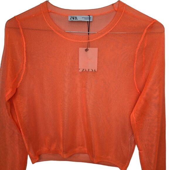 NWT Zara Women's Bright Orange Sheer Pullover Long Sleeve Top M - Picture 2 of 13